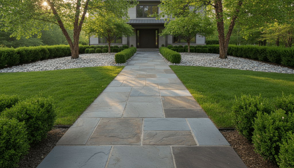 A meticulously arranged flagstone walkway winds through a freshly manicured lawn, the stones displaying varying shades of slate gray and earth brown with clean, defined edges. The setting is a contemporary suburban front yard bordered by neatly trimmed boxwood hedges and river stone mulch. Soft morning sunlight filters through overhanging trees, casting gentle dappled shadows across the walkway. The mood is welcoming and serene, emphasizing craftsmanship and order. Captured from an eye-level perspective with a balanced composition and sharp focus, the photographic realism highlights the crisp lines and textures, embodying a professional and clean aesthetic ideal for a hardscaping business.