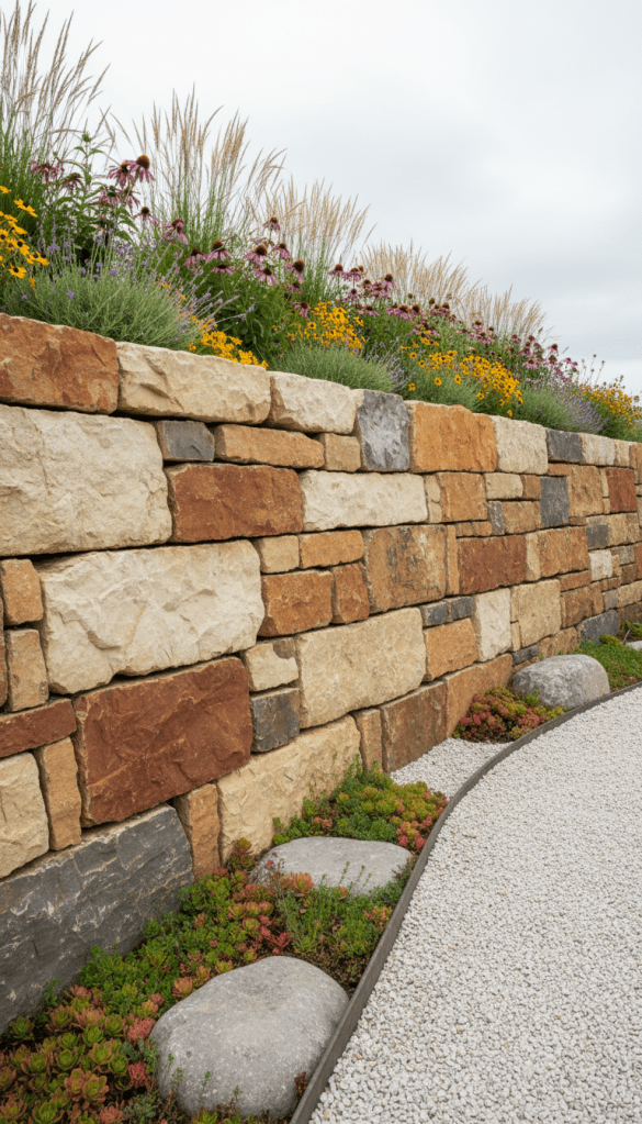 A robust retaining wall constructed of stacked natural stone, each piece carefully selected for color harmony and fit, ranging from pale beige to rich umber. The wall supports a gentle slope, with ornamental grasses and native wildflowers planted at the top. The environment is a landscaped side yard with gravel pathways and minimalistic ground cover. Overcast lighting produces soft, diffused shadows for a subdued, professional tone. Captured from a low-angle perspective with sharp detail throughout, the scene conveys stability and quality craftsmanship, set in a neutral, structured layout fitting a premium hardscaping service.